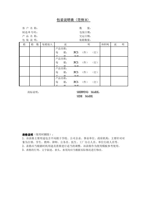 包装说明表(范例B)