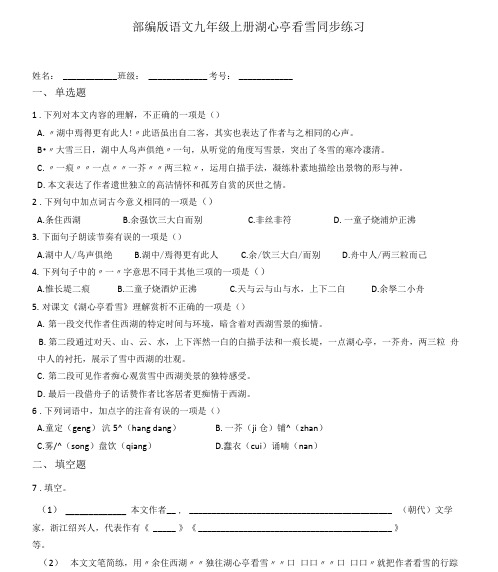 第13课《湖心亭看雪》同步练习  2021—2022学年部编版语文九年级上册(word版含答案)