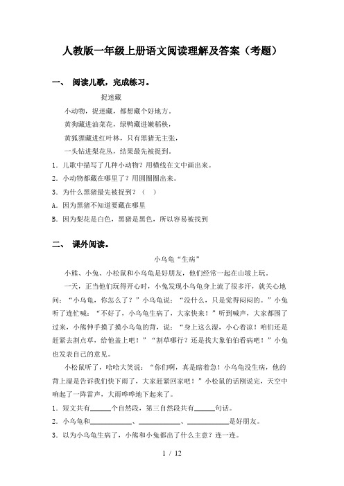 人教版一年级上册语文阅读理解及答案(考题)