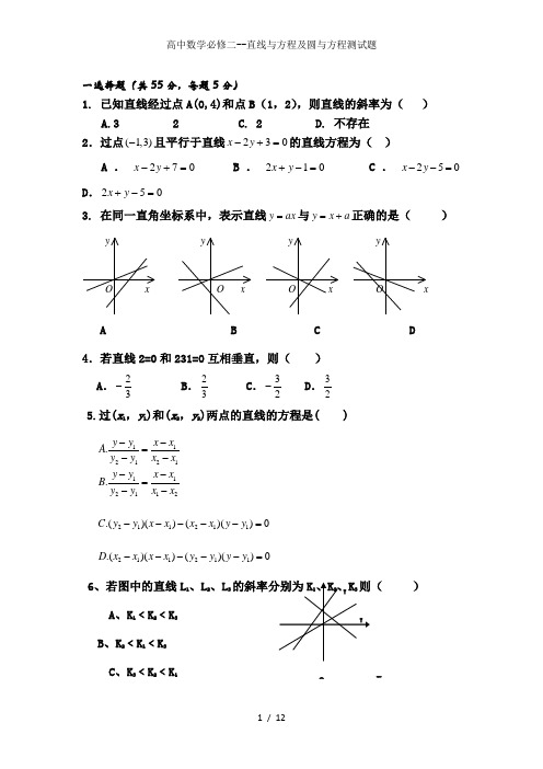 高中数学必修二--直线与方程及圆与方程测试题