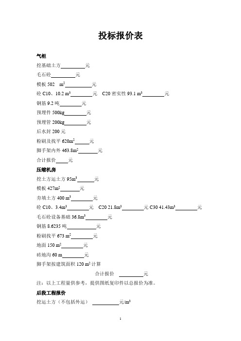化工厂房 投标报价表
