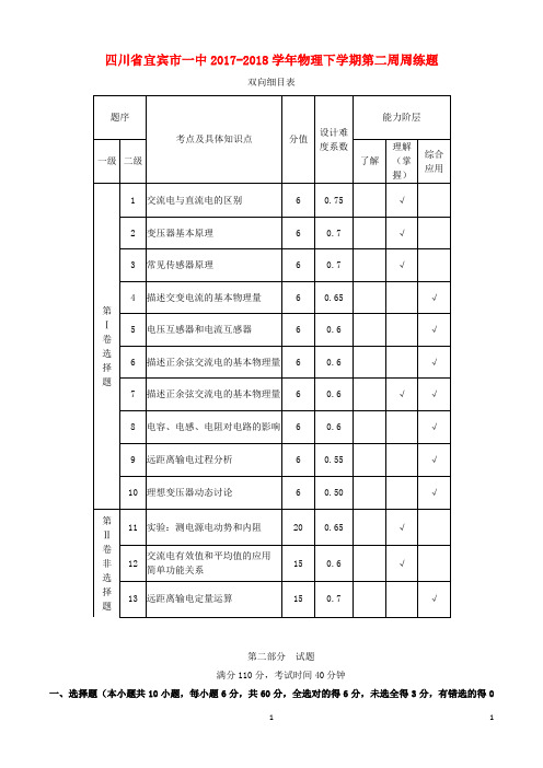 四川省宜宾市一中2017-2018学年高中物理下学期第二周周练题