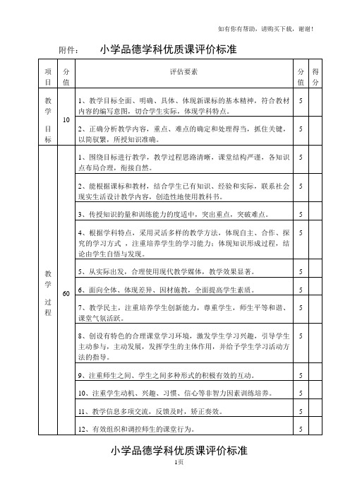 小学品德学科优质课评价标准