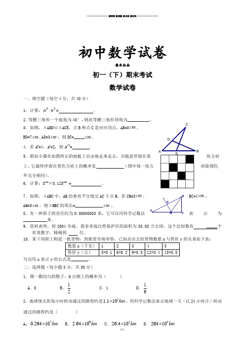 北师大版数学七年级下初一期末考试.doc