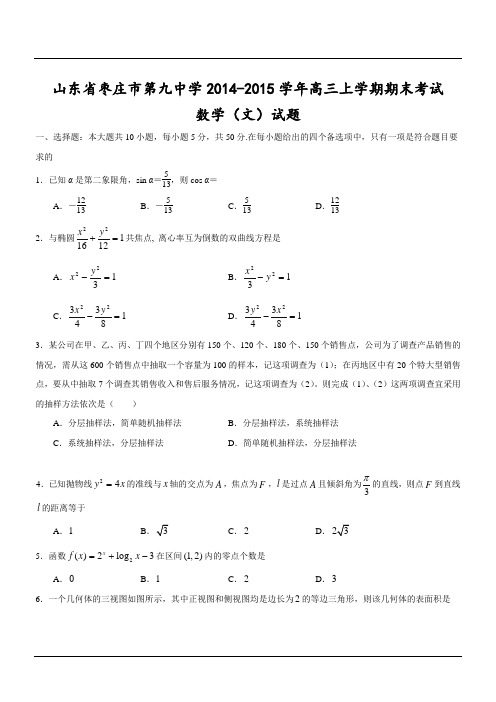 山东省枣庄市第九中学2014-2015学年高三上学期期末考试数学(文)试题