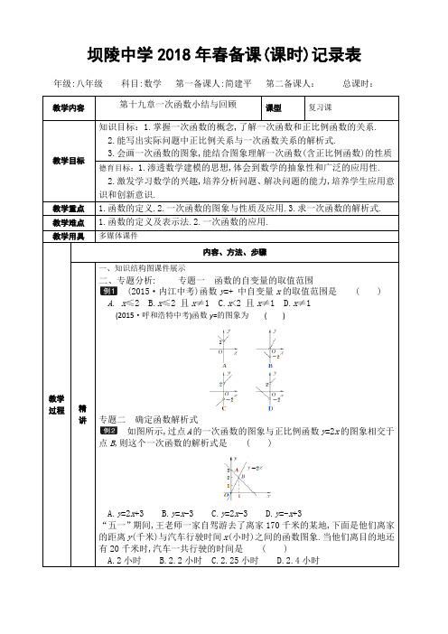 人教版八年级下册数学教案：第19章一次函数小结与回顾