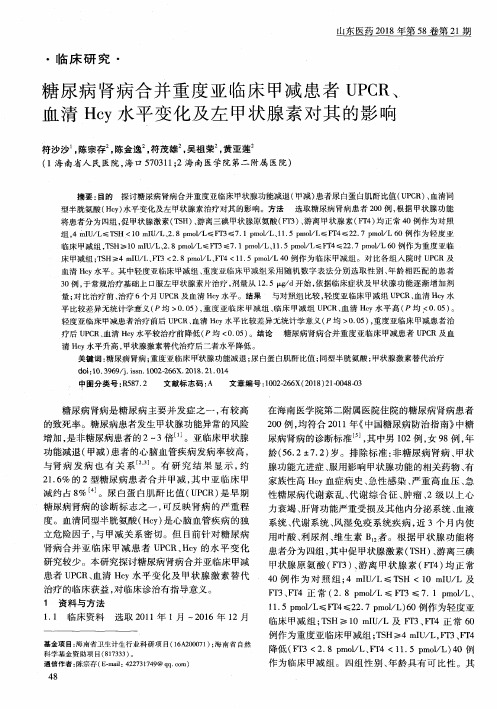糖尿病肾病合并重度亚临床甲减患者UPCR、血清Hcy水平变化及左甲状腺素对其的影响