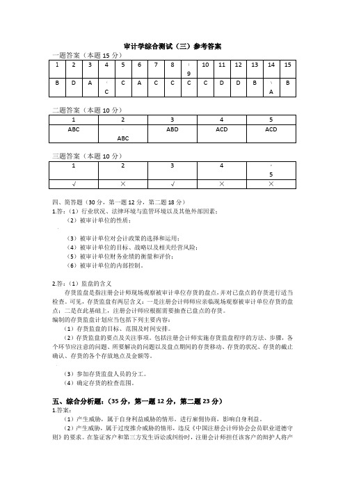 审计学综合测试答案
