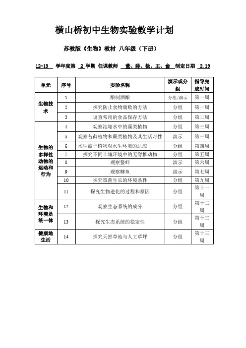 横山桥初中生物实验教学计划苏教版《生物》教材八年级(下册)12-13学
