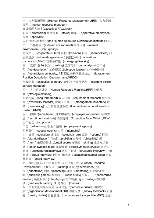 中英文人力资源专有名词