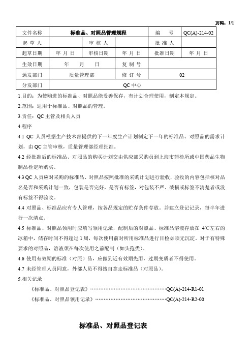 标准品对照品管理规程QC(A)-214-01