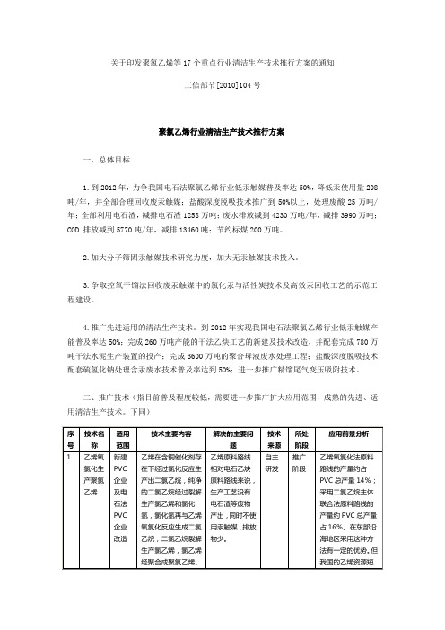 关于印发聚氯乙烯等17个重点行业清洁生产技术推行方案的通知工信部节[2010]104号