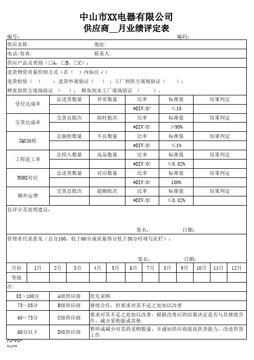 供应商    月业绩评定表
