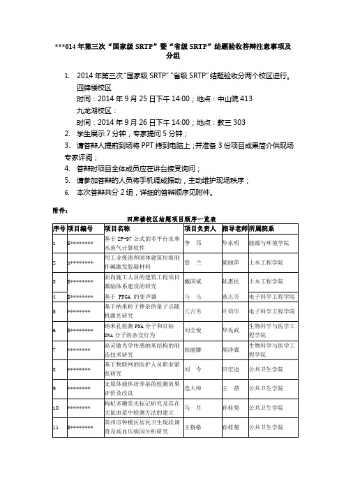年第三次国家级SRTP暨省级SRTP结题验收答辩注意事项及分组四牌楼校区结题项目顺序一览表【模板】
