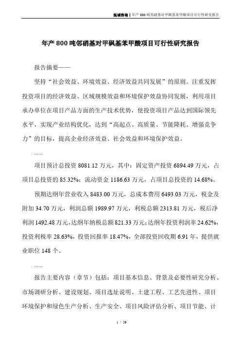 年产800吨邻硝基对甲砜基苯甲酸项目可行性研究报告