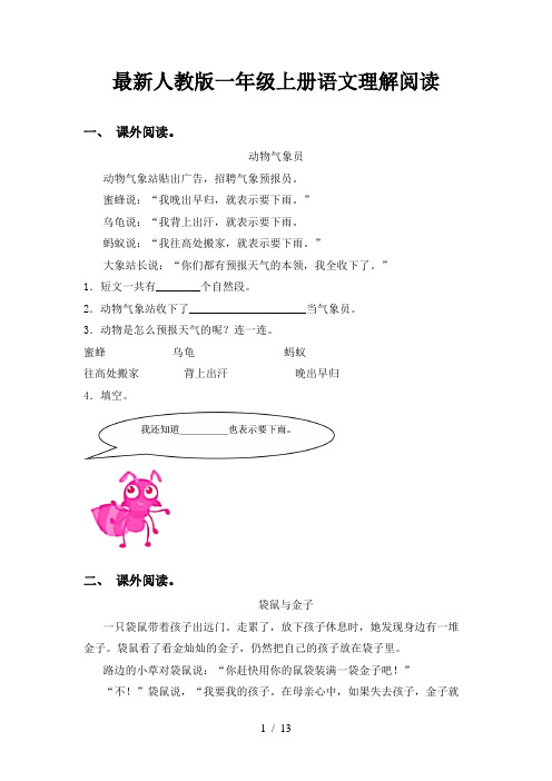 最新人教版一年级上册语文理解阅读