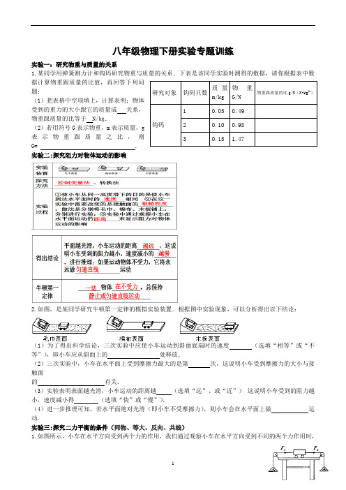 2019人教版八年级物理下册实验专题复习及答案