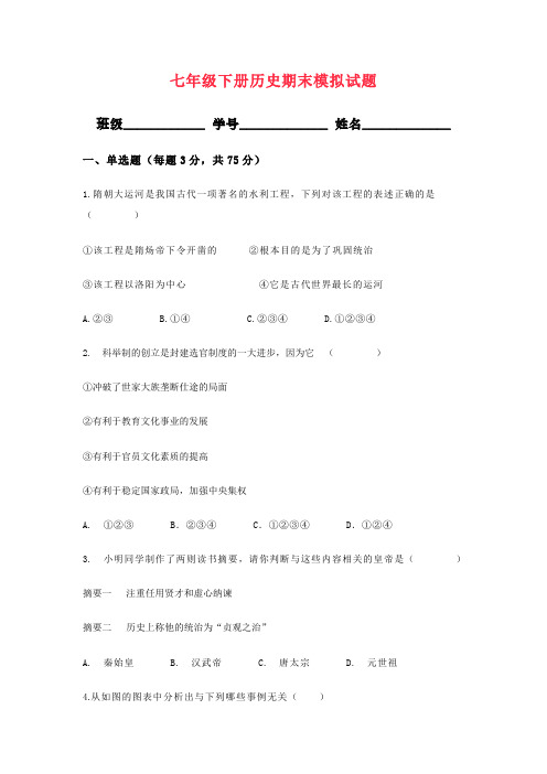 七年级下册历史期末模拟试题及答案