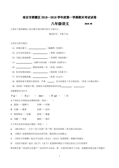 南京市栖霞区2018-2019学年度第一学期期末考试八年级语文(含答案)