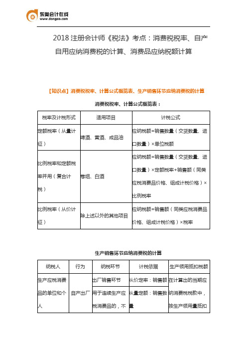 2018注册会计师《税法》考点：消费税税率、自产自用应纳消费税的计算、消费品应纳税额计算