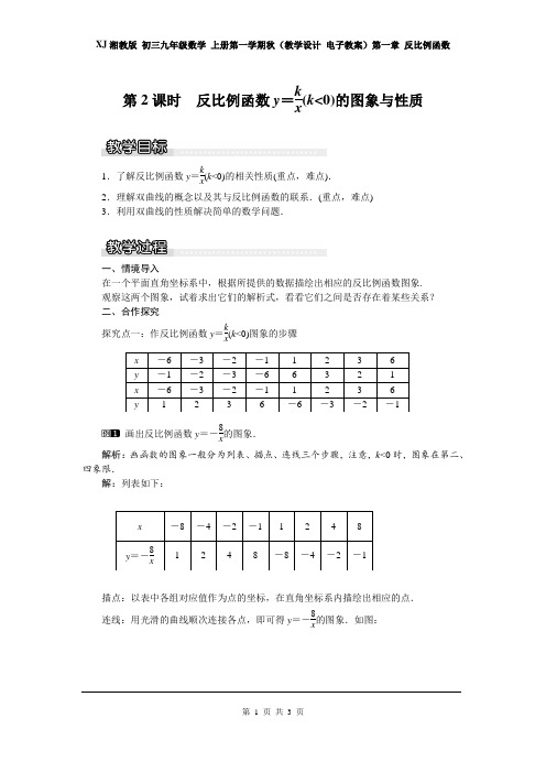 湘教版 初三九年级数学 上册(教学设计 教案)第一章 1.2 第2课时 反比例函数y=k÷x(k＜0)的图象和性质1