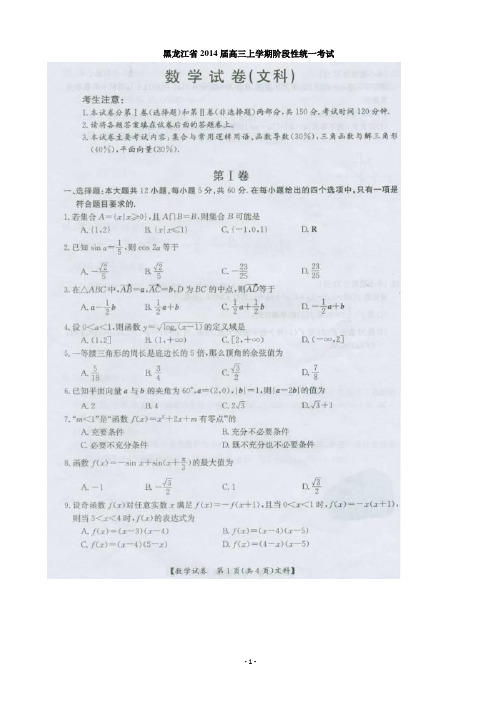 [套卷]黑龙江省2014届高三上学期阶段性统一考试 数学文(扫描版含答案)