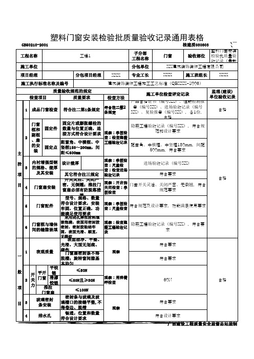 塑料门窗安装检验批质量验收记录通用表格