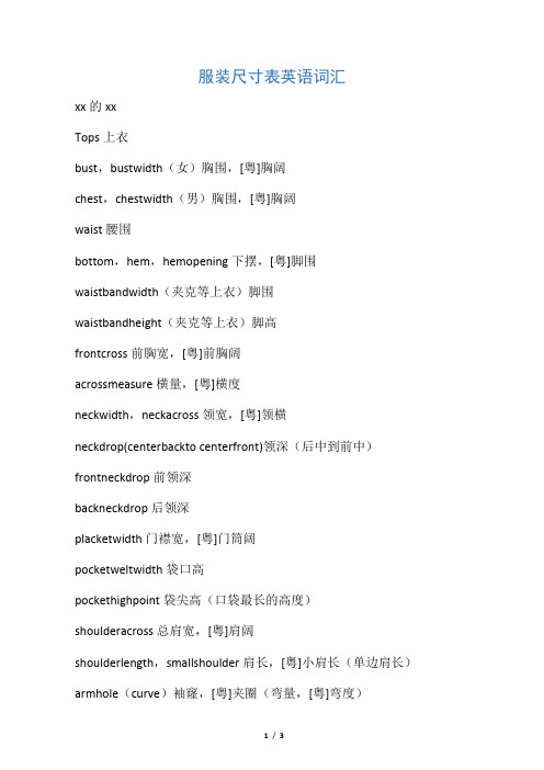 服装尺寸表英语词汇 来源