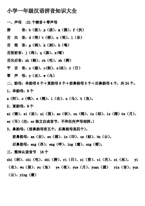 小学一年级汉语拼音知识大全