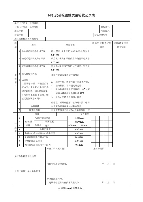 风机安装检验批质量验收记录表
