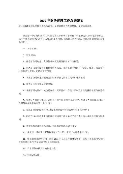 2019年财务经理工作总结范文