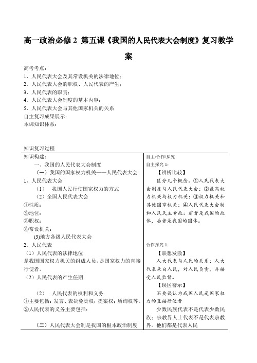 高一政治 第五课《我国的人民代表大会制度》复习教学案必修2