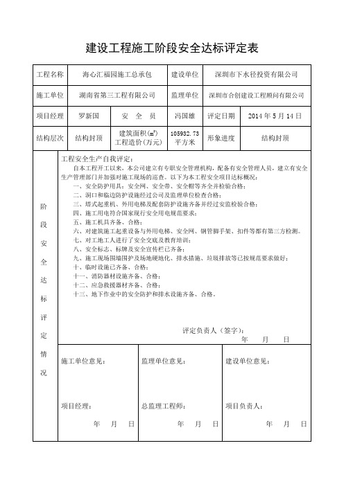 工程建设项目安全达标验收申报表