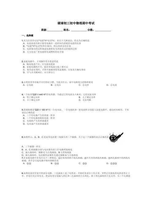 湖南初三初中物理期中考试带答案解析
