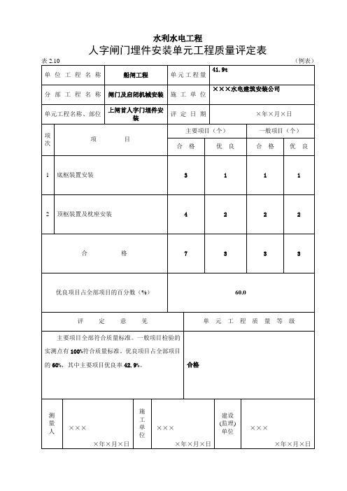 表2.10-0 人字闸门埋件安装单元工程质量评定表(例表)