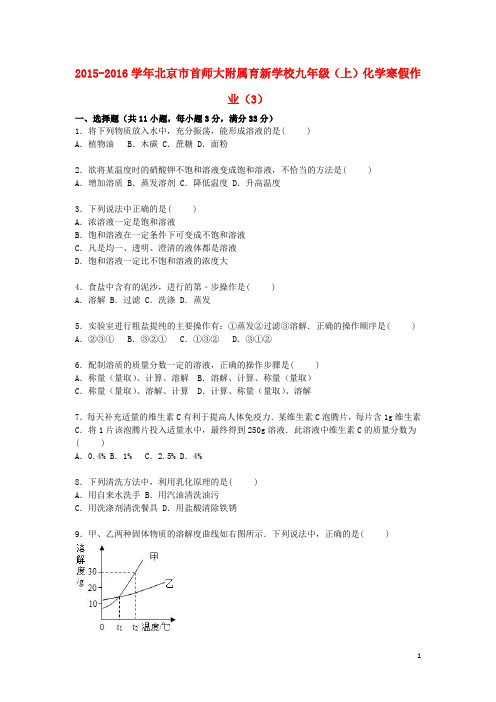 北京市首师大附属育新学校2016届九年级化学上学期寒假作业(3)(含解析) 新人教版