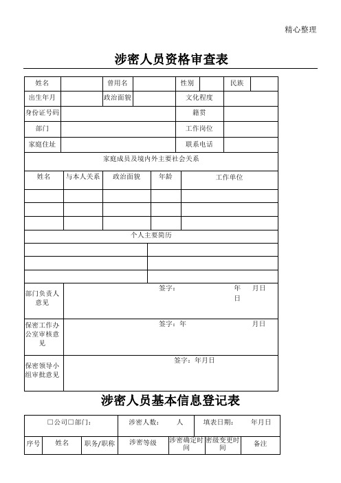 涉密人员管理表格模板格汇总