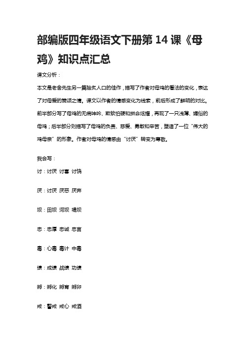 部编版四年级语文下册第14课《母鸡》知识点汇总