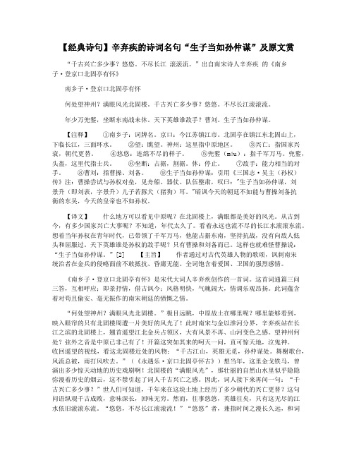 【经典诗句】辛弃疾的诗词名句“生子当如孙仲谋”及原文赏