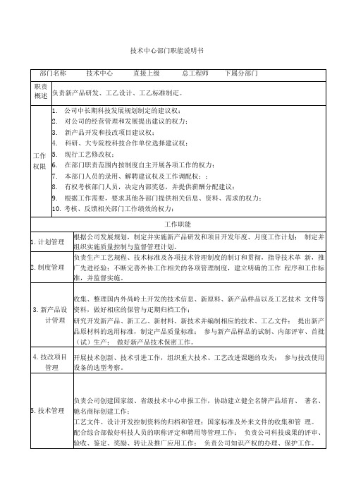 技术中心部门职能说明书