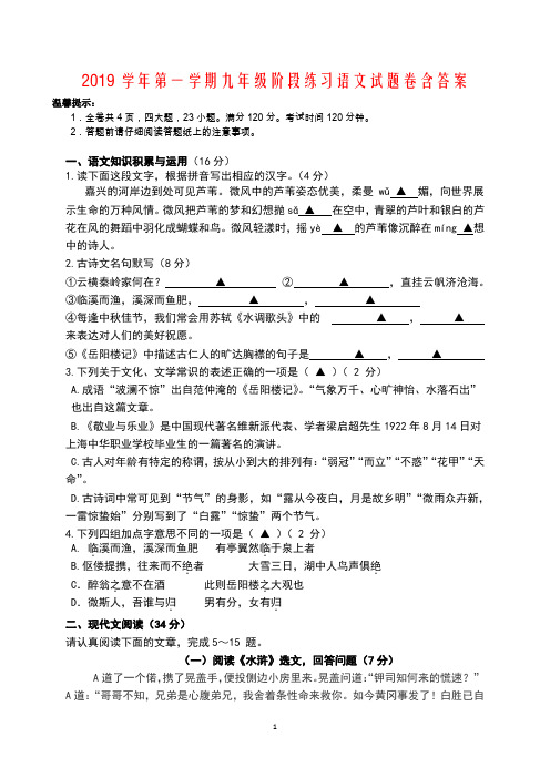 2019学年第一学期九年级阶段练习语文试题卷含答案