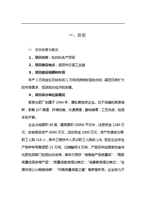 XXX公司钛白粉生产项目可行性研究报告(优秀甲级资质可研报告)