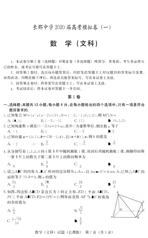 2020届长郡中学一模 文科数学  含答案