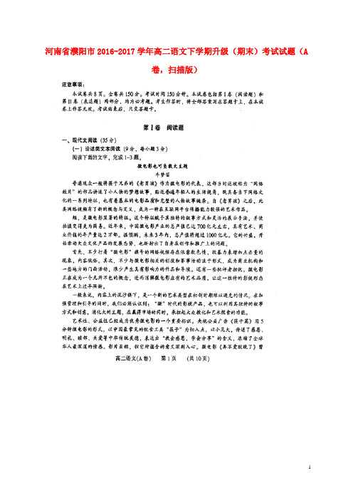 河南省濮阳市高二语文下学期升级(期末)考试试题(A卷,扫描版)