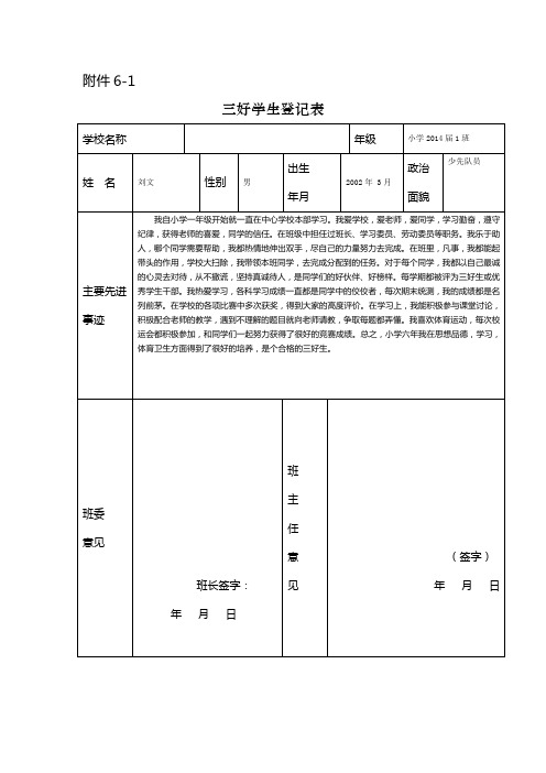 三好学生登记表6.1班刘文(样)