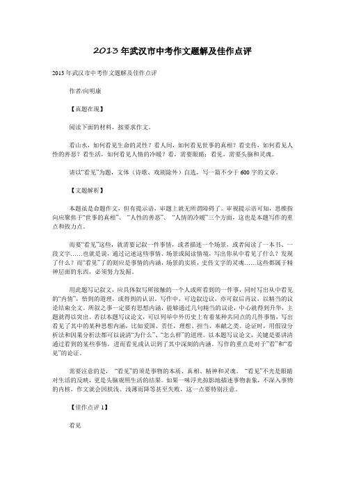 2013年武汉市中考作文题解及佳作点评