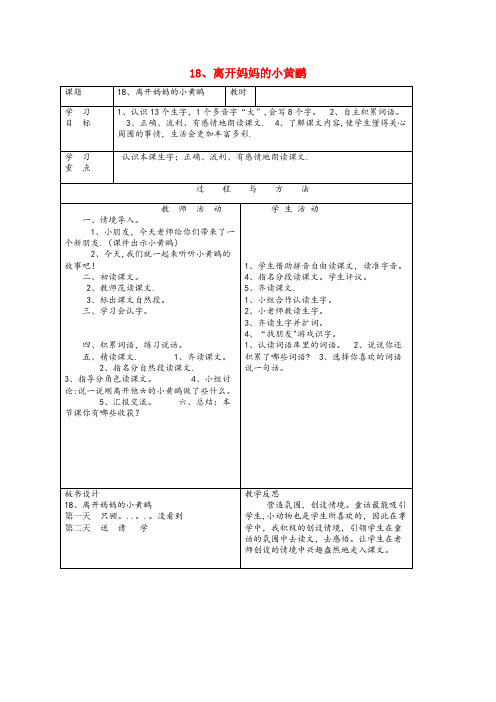 沈北新区三小一年级语文下册 第五单元 18 离开妈妈的小黄鹂教案 语文A版一年级语文下册第五单元1