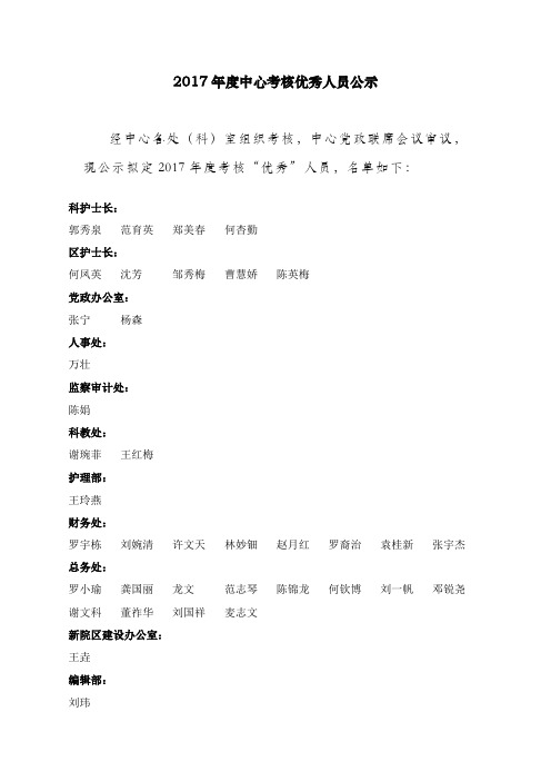 2017年度中心考核优秀人员公示