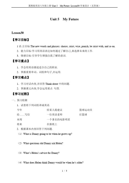 冀教版英语八年级上册-Unit 5  My Future_Lesson30学案设计(无答案)