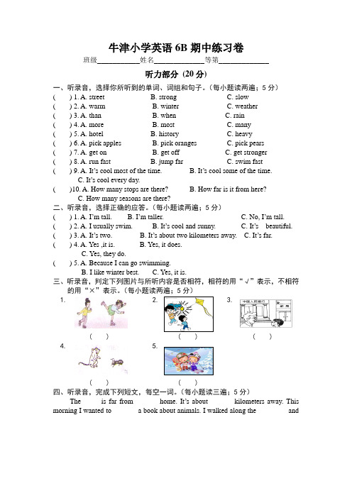 牛津小学英语6B期中练习卷